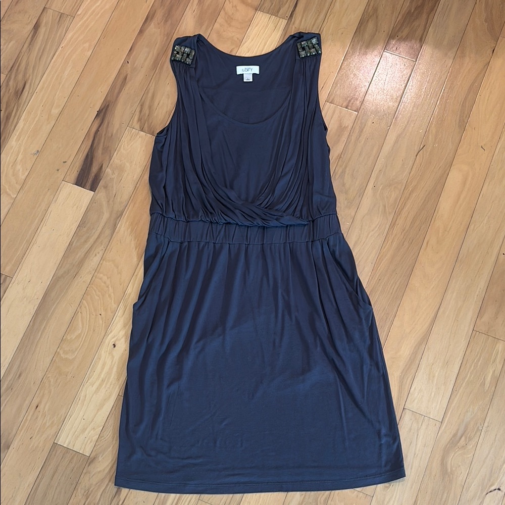 LOFT dark blue-gray cotton dress with silver & gold jeweled accents. L